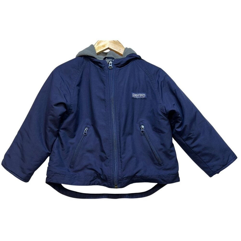 Lands' End Boy's Fleece Zip Up Hooded Jacket Long Sleeve Size S Blue Pockets